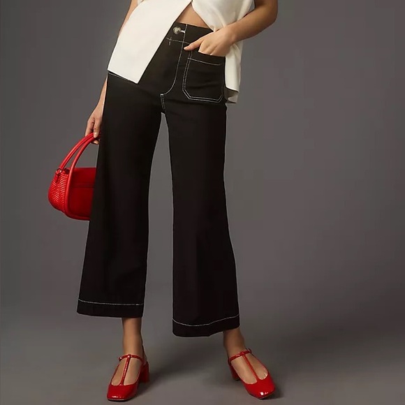 Anthropologie Pants - Anthropologie Maeve The Colette Pants Black Contrast Stitch Edition Wide Leg